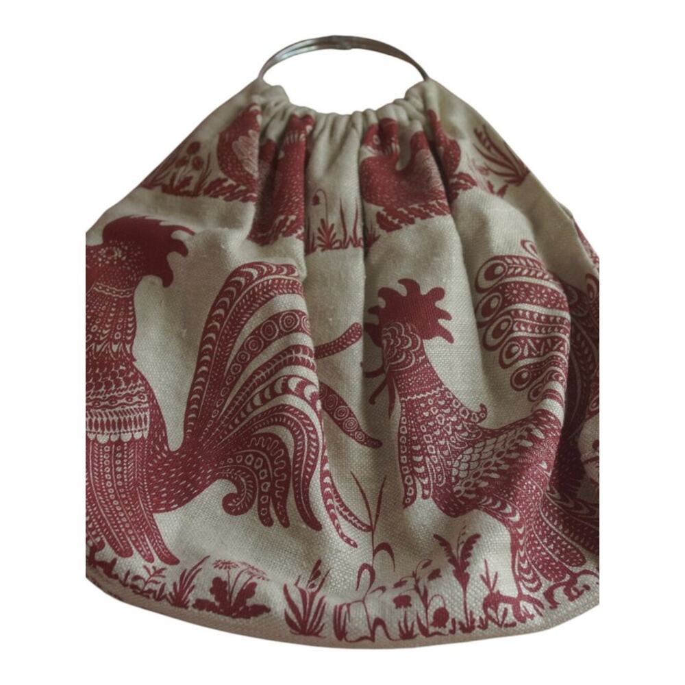 Vintage Rooster Bird Tapestry Ring Handle Bag Removable Cream Red Large - Picture 8 of 16